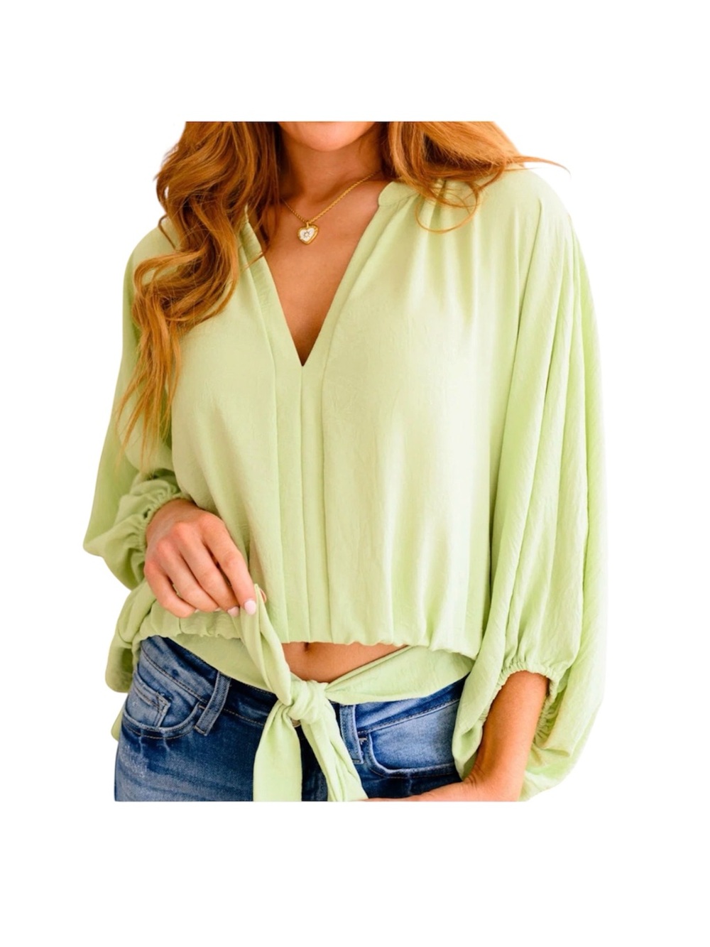 GeeGee Tie-Detail V-Neck Tunic Top in Light Green